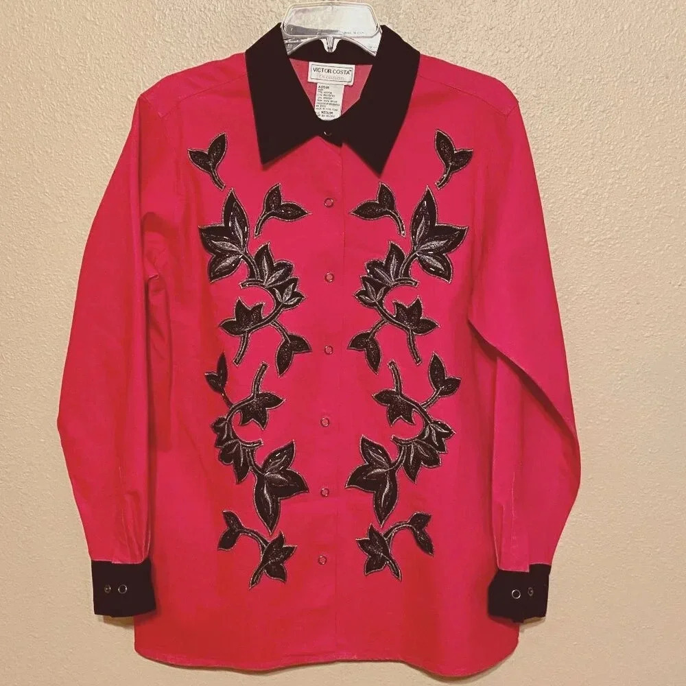Victor Costa Top Women L Red Snap Front Black Velvet Trim Beaded Western Floral